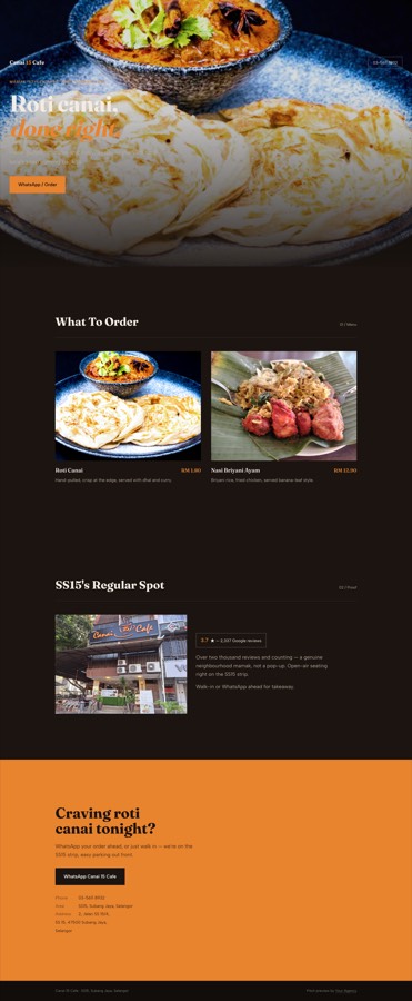 A real bespoke preview page generated for a cafe